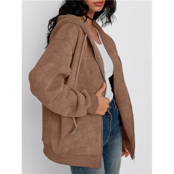 Women Zip Up Hoodie Acid Wash Oversized Sweatshirt Y2k Fall Winter Pullover - Picture 3 of 6